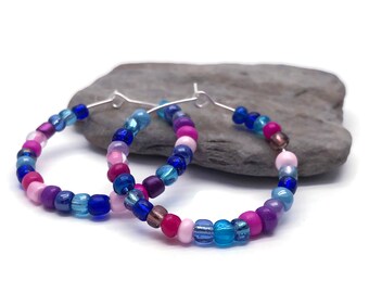 Beaded Hoop Earrings | Blue and Pink Glass Seed Beads | 35mm Silver Tone Hoops Gift Idea for Her Colourful Sea Ocean Color Mix