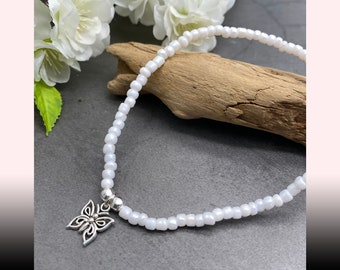 Butterfly Charm Anklet Shimmery White Glass Seed Beads in Stylish Design Plus Sizes Available 8 to 15 inches Beach Wear Summer Style