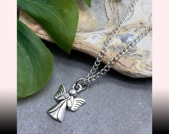 Angel Necklace, Angel Charm Pendant, 16 inches Silver Plated Curb Chain,  Pretty Symbol Gift Idea for Her