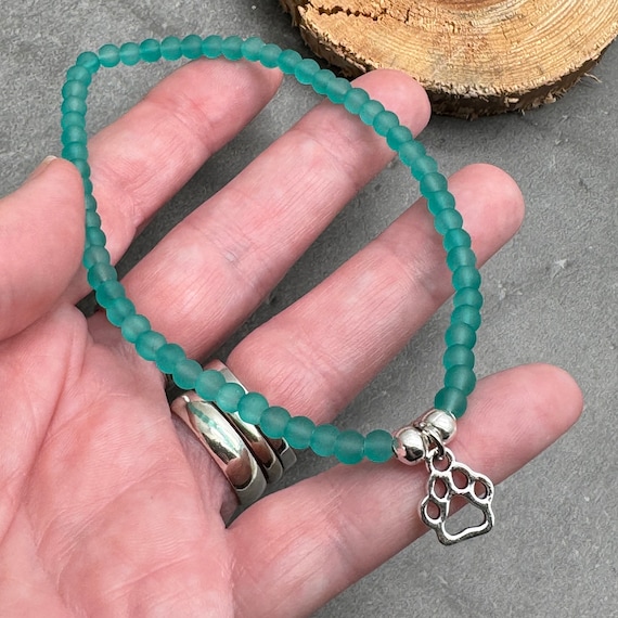 Paw Print Charm Anklet, PLUS SIZE Anklet, Frosted Glass Beads, Boho Surfer,  Extra Large Size, Beach Wear, Summer Ankle Bracelet for Women