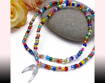 Angel Wings Charm Seed Bead Anklet Set 1 Charm 1 Plain Multi-Colour Glass Beads Plus Sizes Available 8 to 15 inches Beach Wear Summer Style