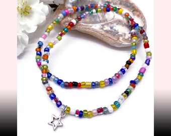 Little Star Charm Seed Bead Anklet Set 1 Charm 1 Plain Multi-Colour Glass Beads Plus Sizes Available 8 to 15 inches Beach Wear Summer Style