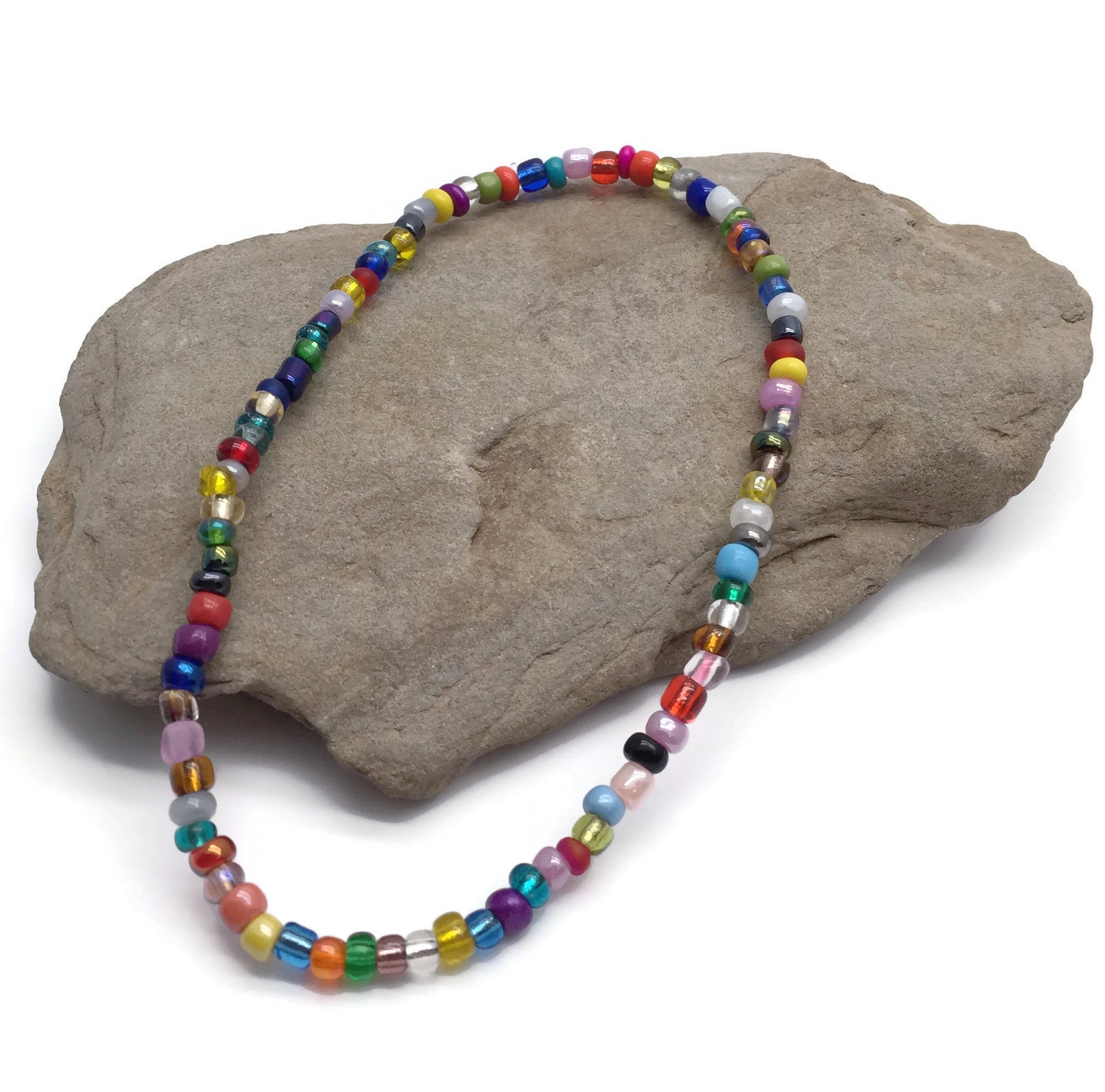 Hamsa Charm Beaded Anklet, Multi-Colour Glass Seed Bead Mix With Silver Tone Fatima's Hand Charm