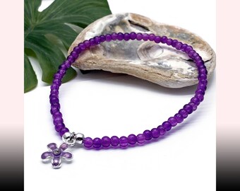 Daisy Flower Charm Anklet, Purple Crackle Glass Bead Anklet Cute Silver Tone Enamel Flower Charm Anklet, Spiritual Jewellery, Wrist Wear