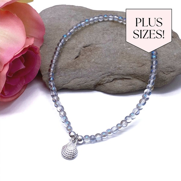 PLUS SIZE Anklet, Shell Charm Anklet, Clear Shimmery Glass Beads, Extra Large Anklet, Sea Ocean Beach Theme XL Ankle Bracelet for Women