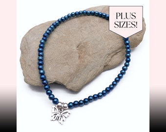 PLUS SIZE Anklet, Butterfly Charm Anklet, Shimmery Dark Blue Glass Seed Beads Extra Large Size Beach Wear Summer Ankle Bracelet for Women