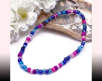 Seed Bead Anklet Blue and Pink Glass Beads Mix in Simple Stylish Design Plus Sizes Available 8 to 15 inches Beach Surfer Sea Ocean Inspired