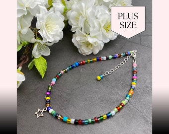 Star Charm Anklet | 4mm Glass Seed Beads Multi-Colour Mix and Silver Tone Charm | Adjustable Size 12-14 Inches XXL | Plus Size Bead Anklet