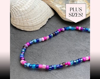 PLUS SIZE Anklet, Pink Seed Bead Anklet, Pink and Blue Glass Beads Mix Cute Beach Wear Summer Boho Hippie Style Ankle Bracelet Stackable