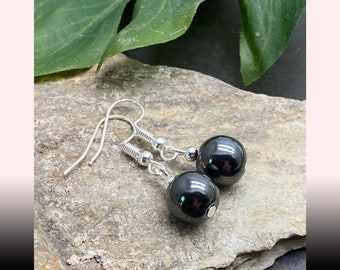 Hematite Earrings, Natural Stone Beads Silver Tone Nickel Free Hooks, Aquarius Birthstone Gift Idea for Her, Beaded Grey Hematite Earrings