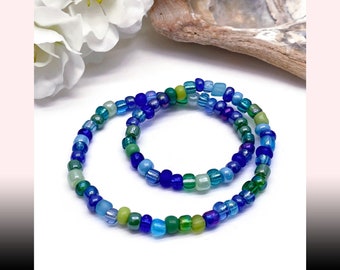 Seed Bead Anklet Blue and Green Glass Beads Mix in Simple Stylish Design Plus Sizes Available 8 to 15 inches Beach Wear Sea Ocean Inspired