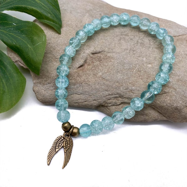 Angel Wings Crackle Bracelet 8mm Light Blue Glass Beads with Antique Bronze Tone Charm Gift Idea for Her Size Choice Guardian Protect