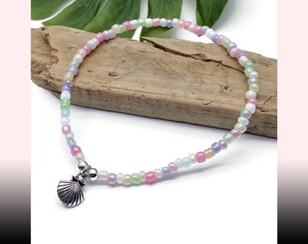 Shell Charm Anklet, Pastel Mix Glass Seed Beads Silver Tone Charm Simple Design Plus Sizes Ocean Inspired Beach Wear Summer Style