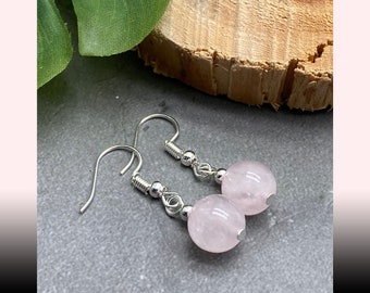 Rose Quartz Earrings, Natural Stone Beads, Silver Tone Hooks with Round 10mm Beads, Gift Idea for Her, Beaded Pale Pink Rose Quartz Earrings