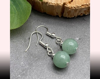 Green Aventurine Earrings, Natural Stone Beads, Silver Tone Hooks with Round 10mm Pale Beads Gift Idea for Her, Beaded Aventurine Earrings