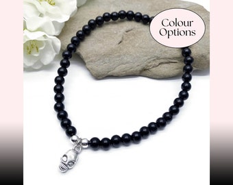 Skull Charm Anklet, Black Acrylic Bead Anklet, Size and Colour Choice, Silver Tone Skull Charm Anklet, Halloween Jewellery, Wrist Wear