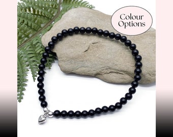 Heart Charm Anklet, Black Acrylic Bead Anklet, Size and Colour Choice, Silver Tone Heart Charm Anklet, Beaded Wrist Wear, Beach Jewellery