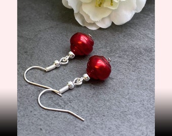 Bright Red Earrings | Deep Red Glass Beads | Silver Tone Hooks with 10mm Beads | Red Beaded Earrings | Gift Idea for Her