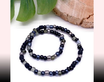 Seed Bead Anklet Black and Grey Glass Beads Mix in Simple Stylish Design Plus Sizes Available 8 to 15 inches Beach Wear Summer Sun Style