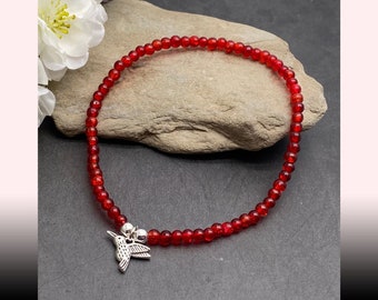 Hummingbird Charm Anklet, Bright Red Crackle Glass Bead Anklet Cute Silver Tone Bird Charm Anklet, Spiritual Jewellery, Wrist Wear