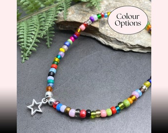 Star Charm Anklet, Silver Star Anklet, Multi-Colour Glass Seed Beads, Boho Hippie Surfer Plus Sizes, Beaded Beach Wear Summer Sun Style