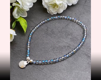 Shell Charm Anklet | 4mm AB Shimmer Clear Glass Beads with Silver Tone Charm | Gift Idea for Her | Sea Ocean Beach Theme Anklet