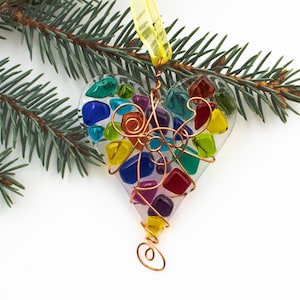Fused Glass Heart in a rainbow of colors wrapped in copper wire makes a great Christmas ornament, Valentine&#39;s gift, or wedding gift