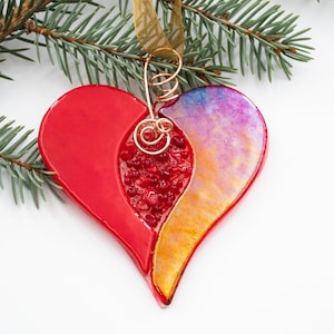 Fused Glass Heart Ornament in shades of red makes a great Suncatcher, Christmas ornament, Valentine's gift, or wedding Gift.