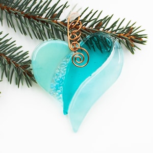 Fused Glass Heart Ornament in shades of aqua blue makes a great Suncatcher, Christmas ornament, Valentine&#39;s gift, or wedding Gift.