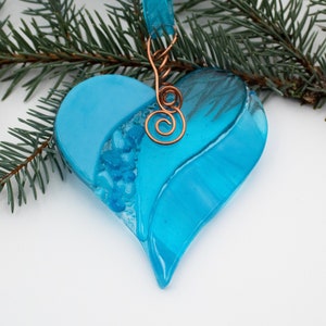 Fused Glass Heart Ornament in shades of blue makes a great Suncatcher, Christmas ornament, Christmas gift, or Valentine&#39;s gift.