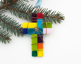 Colorful Fused Glass Cross Ornament: Copper Wire Wrapped