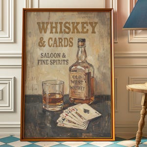 Bourbon Whiskey and Playing Cards Poster, Western Oil Painting Print, Old West Style Tavern Decor, Gifts for Whiskey Drinkers