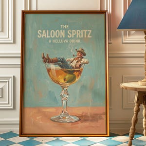 Posters van rokende cowboys, cocktailkunst van whiskey spritzers, olieverfschilderijen in westernstijl, unieke badkameraccessoires, barbenodigdheden en cadeaus met een cocktailthema.