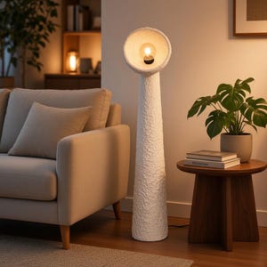 Może przedstawiać: Wysoka lampa podłogowa z białą, teksturowaną, stożkową podstawą i okrągłą górą w kształcie misy. Lampa posiada pojedynczą świecącą żarówkę umieszczoną centralnie w górnej części, rzucającą ciepłe światło na wewnętrzną powierzchnię klosza.