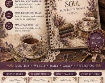 Wandering Soul Productivity Planner, Undated Printable PDF, Habit Tracker, Self-Care Journal