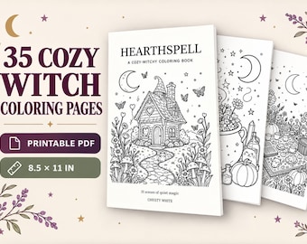 Halloween Witch Coloring Book, Cottagecore 35 Coloring Pages printable