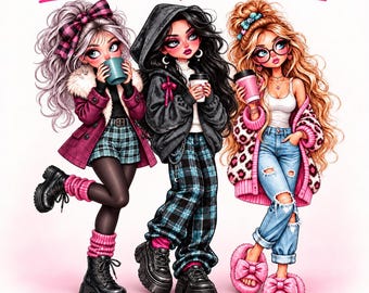 Whimsigoth Preppy Girl Clipart Bundle | Gothic Doll Art (Digital Download)