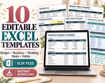 10 Excel Spreadsheet Bundle: Budget, Business, Wedding, Meals, Habits (Digital Download)