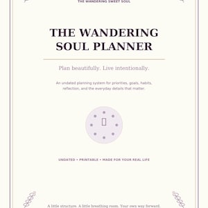 May include: A cream-colored planner cover titled The Wandering Soul Planner with dark purple text. It features the phrases Plan beautifully. Live intentionally. and Undated, printable, made for your real life, plus a central circular icon.