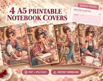 Coquette A5 Notebook Covers Set, printable, planner, pages digital download