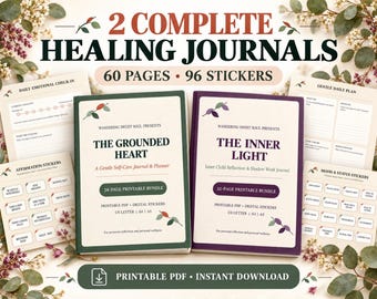 Editable Self-Care Journal Bundle, Healing Reflection Planner, Digital Stickers (PDF)