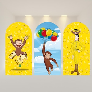 May include: Three arched display panels featuring Curious George. The left panel shows the monkey in a banana. The center panel depicts the monkey holding a bunch of colorful balloons against a blue sky. The right panel shows the man in the yellow hat.