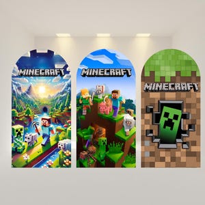 May include: Three arched vertical panels featuring Minecraft branding and imagery. The left panel shows a landscape with a character, wolf, and creeper. The center panel displays various game characters. The right panel depicts a creeper in a blocky wall.