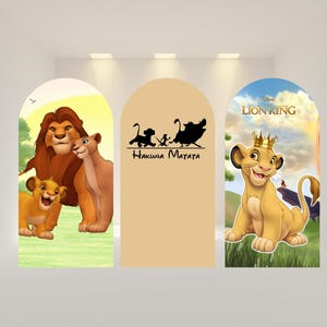 May include: Three arched display panels featuring The Lion King imagery. The left panel shows Simba, Mufasa, and Sarabi. The center panel is beige with a black silhouette of Simba, Timon, and Pumbaa and the text Hakuna Matata. The right panel shows Simba.