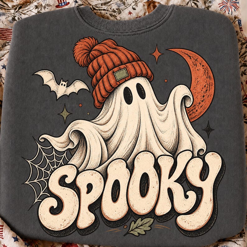 K&ouml;nnte beinhalten: Ein anthrazitfarbenes Sweatshirt mit Rundhalsausschnitt und einem Grafikdruck eines wei&szlig;en Geistes mit orangefarbener Strickm&uuml;tze. Das Design zeigt zudem eine fliegende Fledermaus, eine Mondsichel, ein Spinnennetz und das Wort SPOOKY in cremefarbenen Buchstaben.