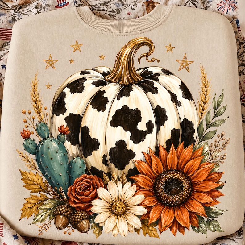 May include: A beige crewneck sweatshirt featuring a large central graphic of a white pumpkin with black cow print spots. The pumpkin is surrounded by a vibrant arrangement of a teal cactus, a large orange sunflower, a white daisy, and acorns.