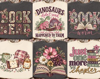 PNG-Bundle für Bücherliebhaber, Designs für Bücherwürmer, floraler Bücherwurm, Dinosaurier-Leser, Bücherwurm, digitaler Download für Sublimations-T-Shirts