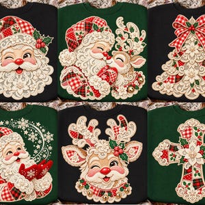 Puede incluir: Una colección de seis sudaderas en negro y verde oscuro, cada una con un diseño gráfico detallado de motivos navideños que incluyen a Santa Claus, un reno, un árbol de Navidad y una cruz, acentuados con patrones de cuadros rojos y blancos.