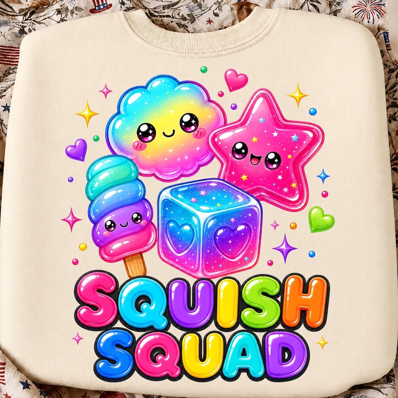 May include: A cream-colored sweatshirt featuring a colorful graphic of a rainbow cloud, a pink star, a multi-colored popsicle, and a purple cube, all with smiling faces. The text SQUISH SQUAD is printed in large, multi-colored, bubble-style letters.