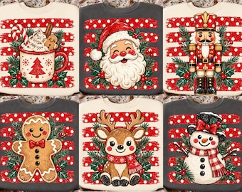Weihnachtliches PNG-Bundle, Retro-Weihnachtsmotive, Weihnachtsmann, Lebkuchen, Rentier, Schneemann, Nussknacker, heiße Schokolade, Sublimations-Shirt-PNG
